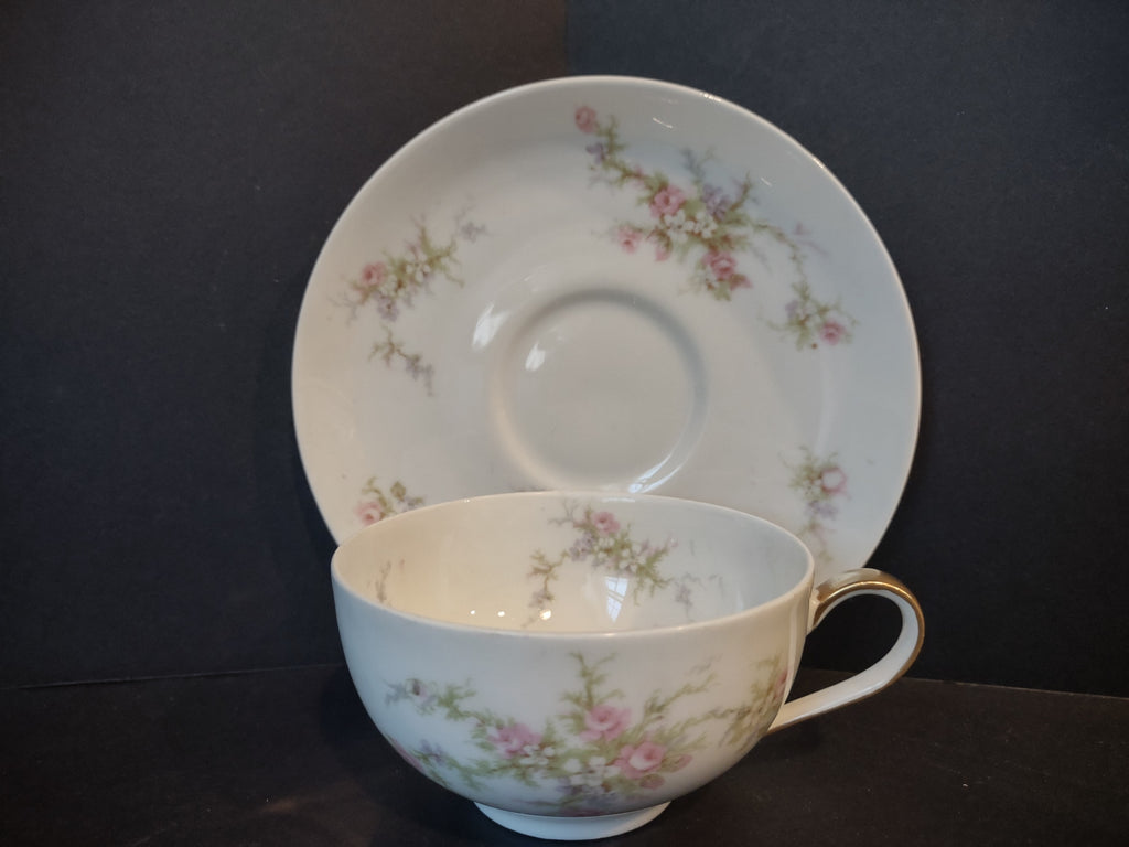 Haviland Limoges Large Tea Cup & Saucer Rose White Purple Flower Moss (lot 902)