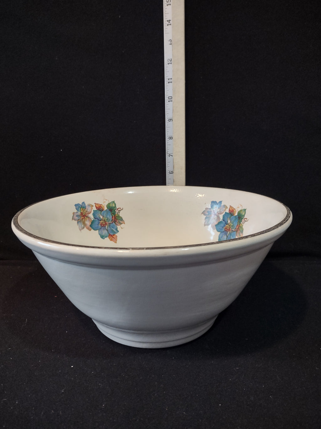 Vintage 11" Serving Mixing Bowl Blue Flower Gilded Trim Tapered (Lot 5222)