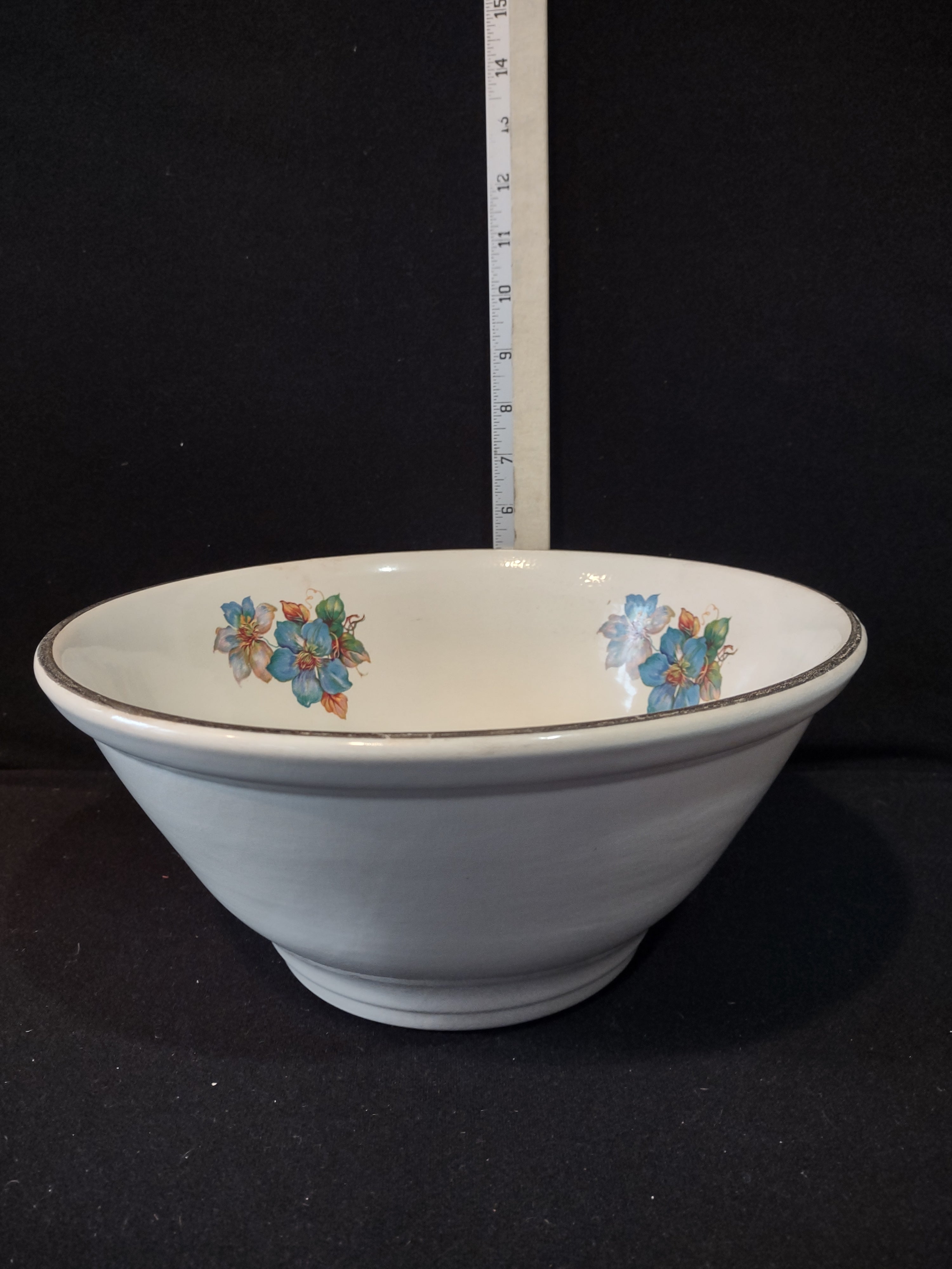 Vintage 11" Serving Mixing Bowl Blue Flower Gilded Trim Tapered (Lot 5222)