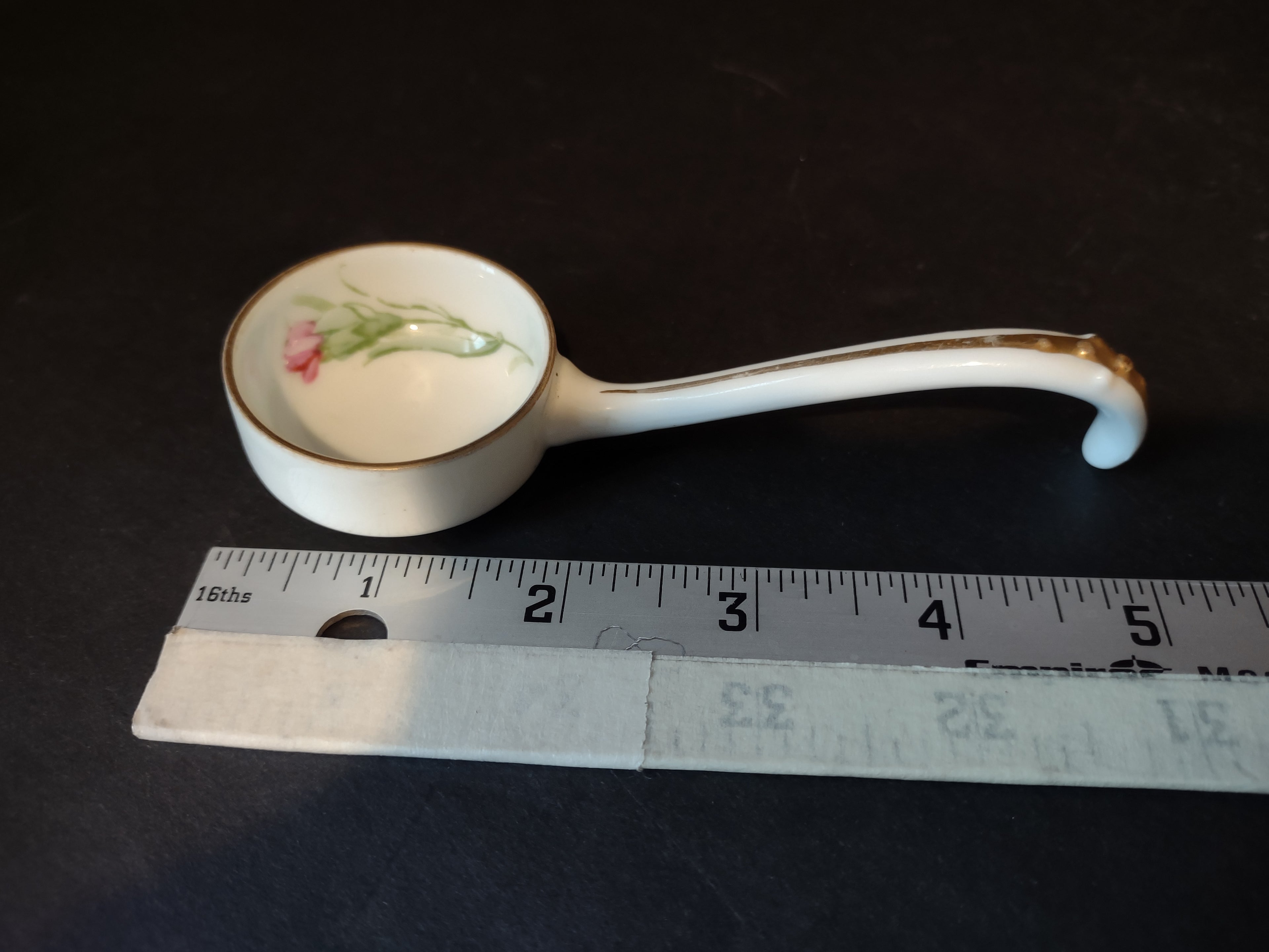 Vintage Small Spoon Ladle White Golden Trim Pink Flower (lot 5359)