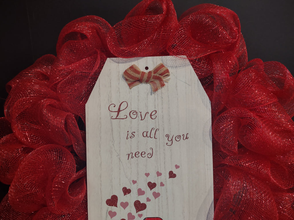 Valentines Day Red Truck Mesh Ribbon Wreath 22" (lot 1386)
