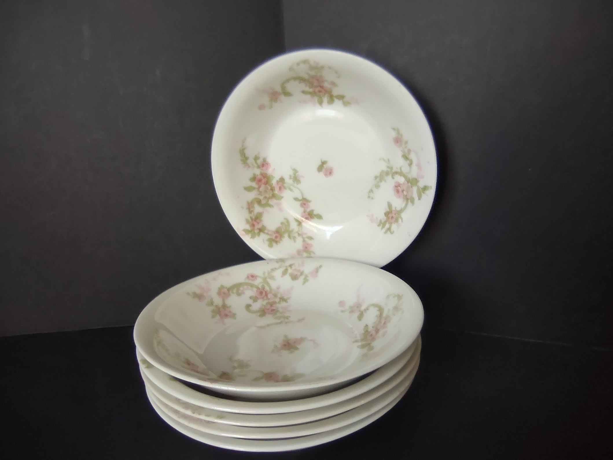 Haviland Limoges 6 x Small Bowl 5" Cranberry Pink Rose Green Ribbon (lot 892)