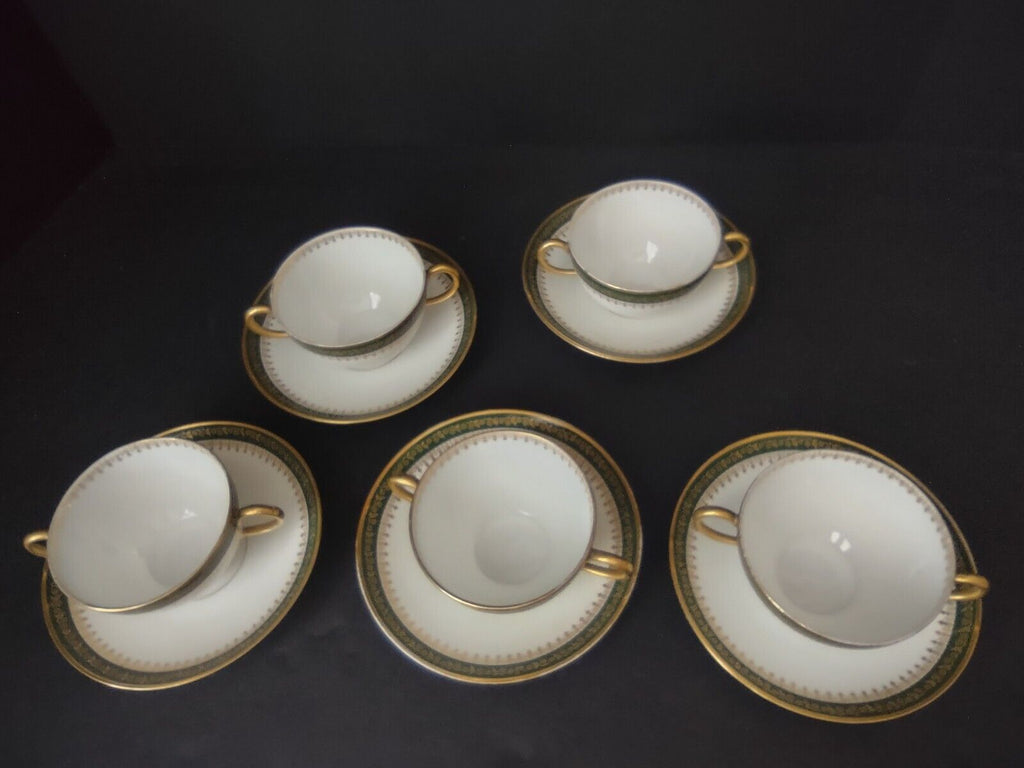GDA LimogesFrance Gold Trim Green 2 Handle 5 x Bouillion Cup & Saucer (lot 612)