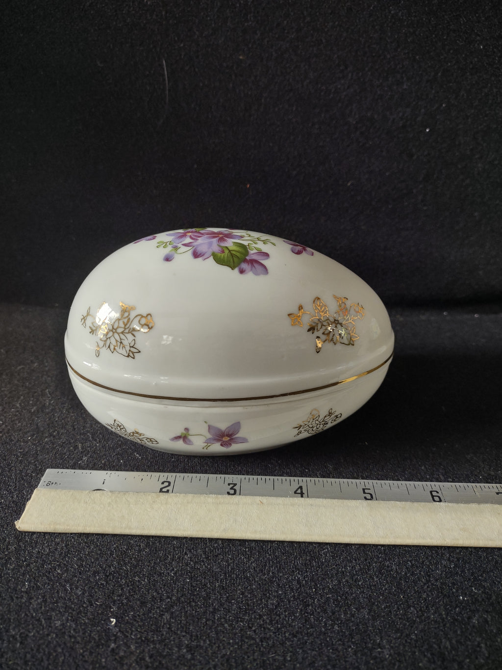 Vintage Lefton China Porcelain Egg Trinket Box Violet Floral Gold Trim (Lot 5069