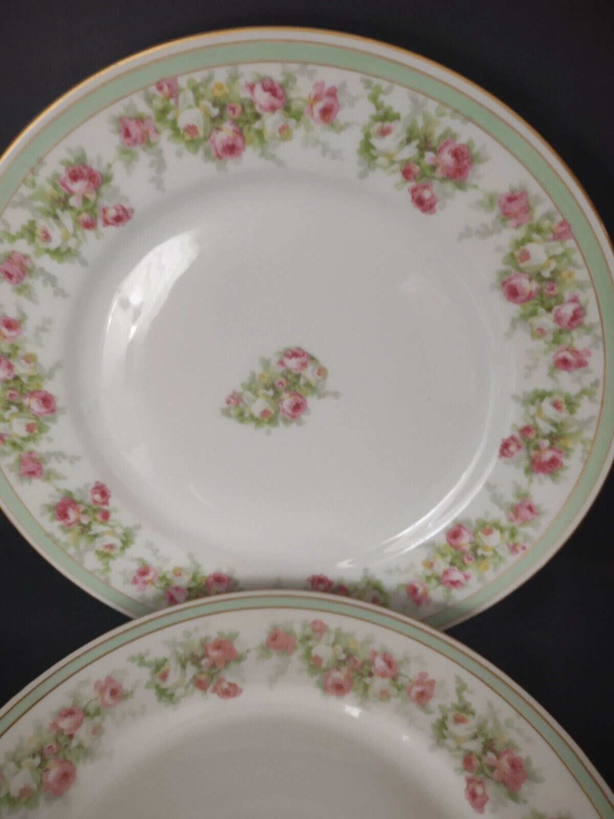 Coronet Limoges France 4 x Dinner Plate Mint Band Gold Trim Pink Rose (lot 550)