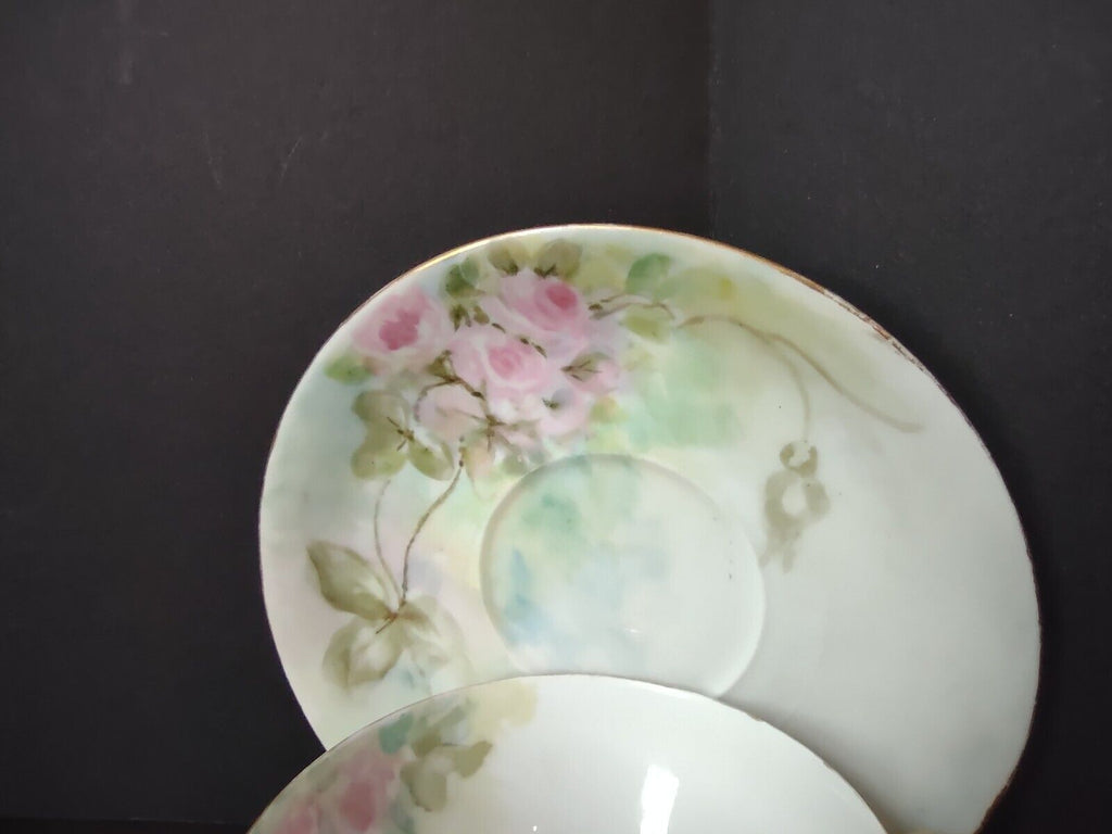 Haviland Limoges Gold Trim Pink Roses Teacup and Saucer IMPERFECT (lot 703)