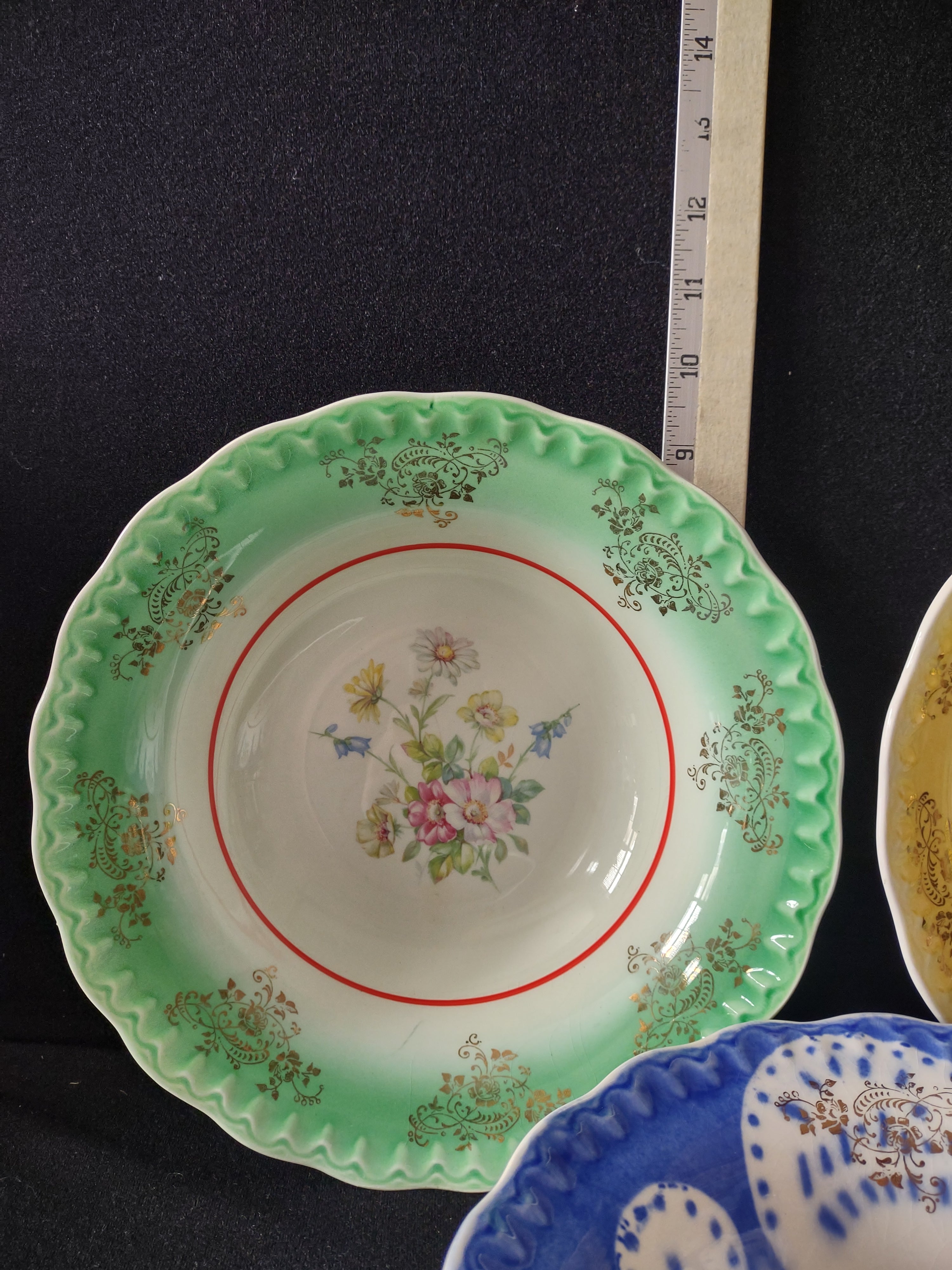Vintage 9.5" Serving Bowl x 3 Green Yellow Blue Gold Trim Floral (Lot 5043)