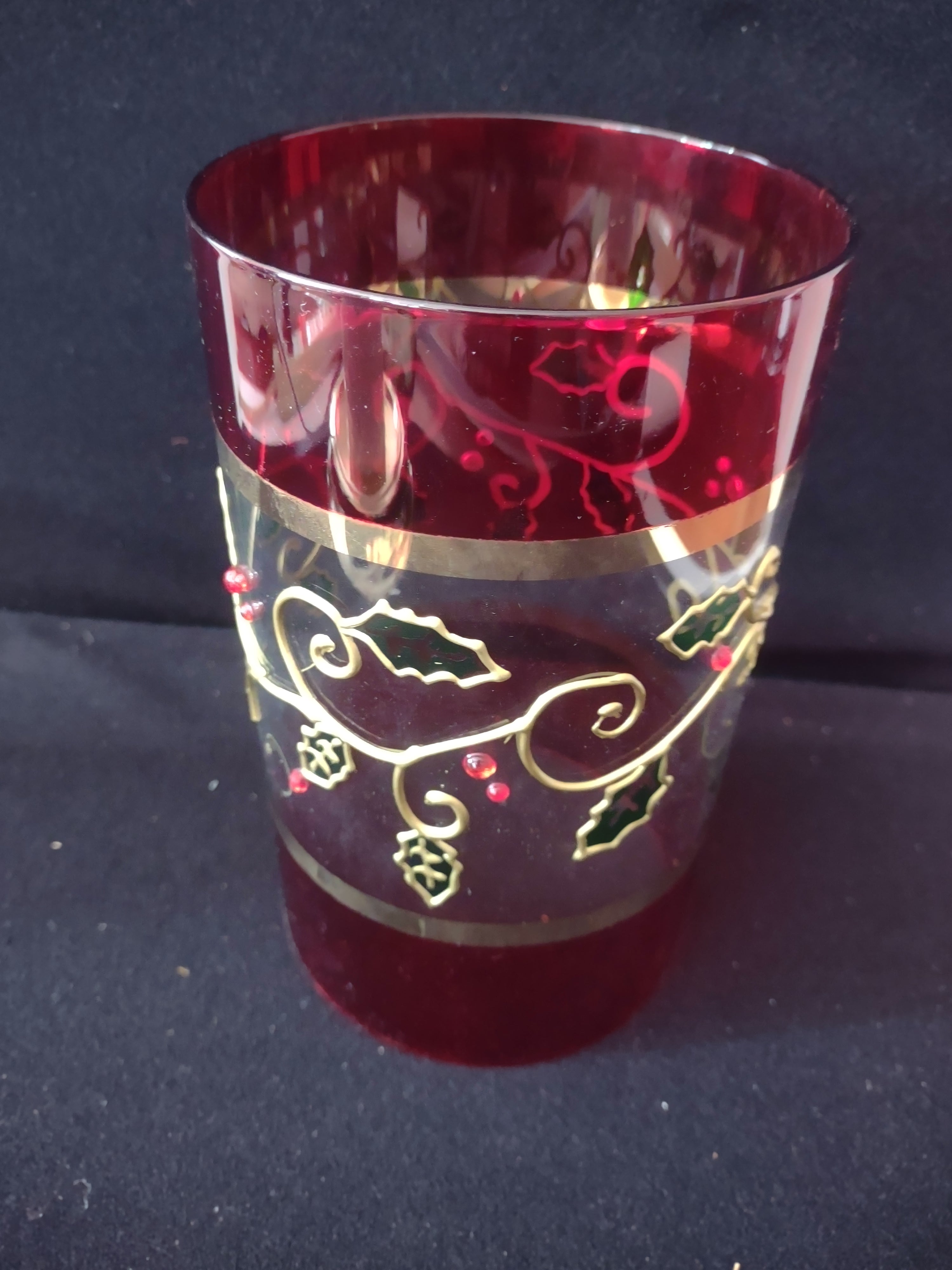 Christmas Hurricane Lamp Holly Berry Leaf 6" Candle Metal Platform (Lot 3571)
