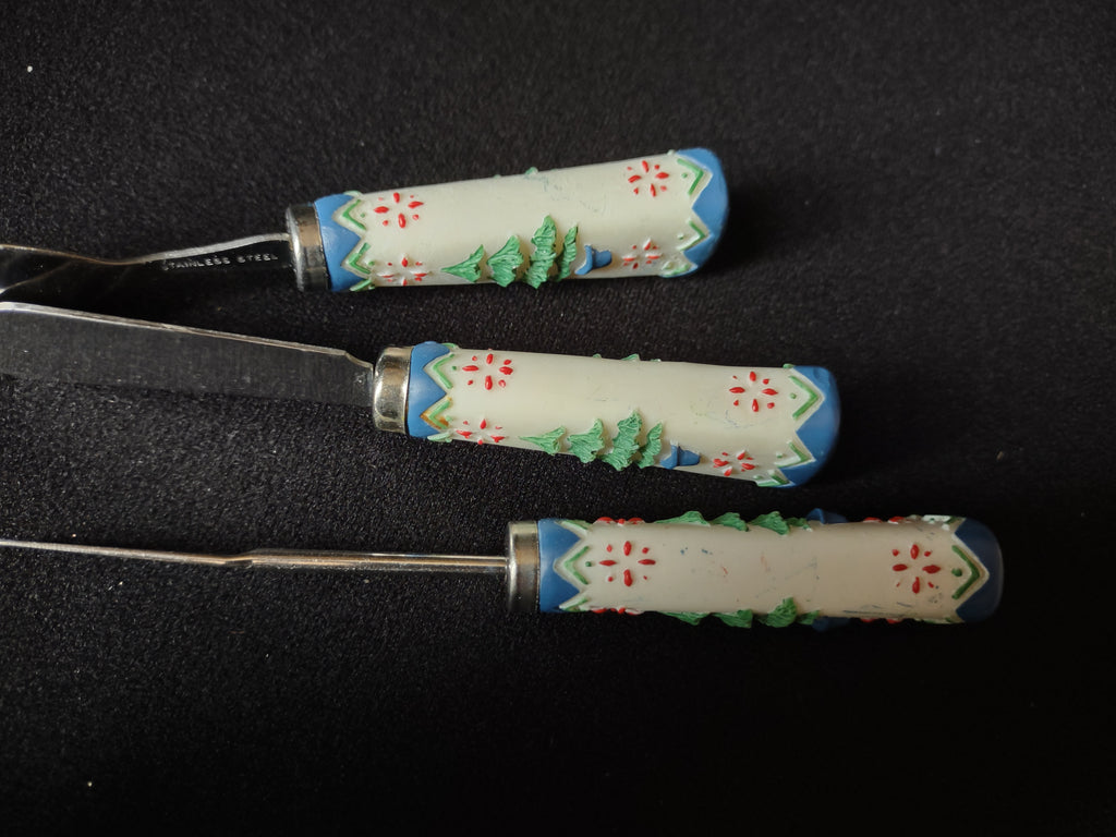 Christmas Tree Pfaltzgraff Spreader Knife Cocktail Fork Dip Spoon Set (lot 1594)