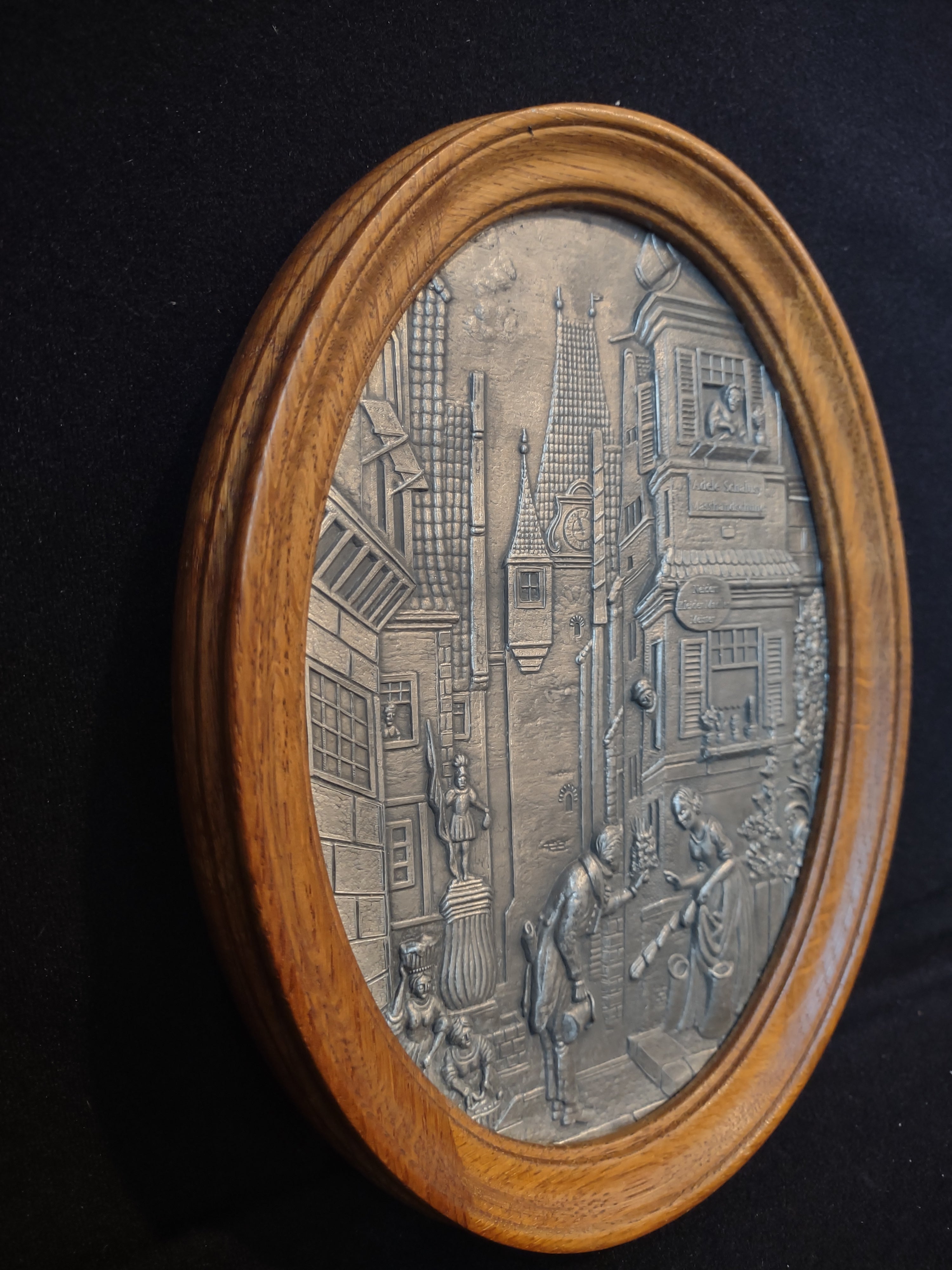Vintage 3-D Scene German Town Frieling Zinn Pewter Wood Picture (lot 2658c)