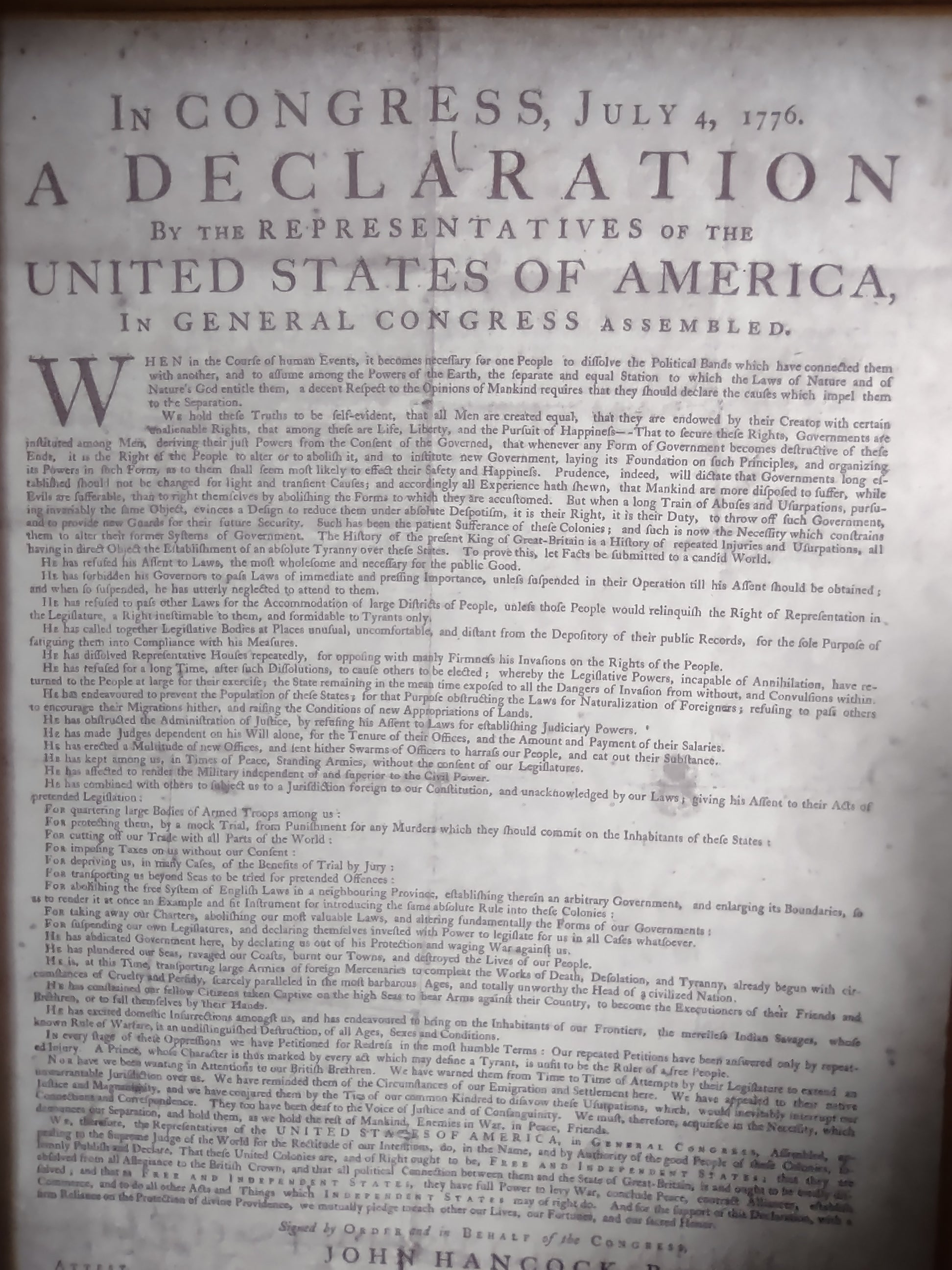 Framed Declaration by the Representatives of the USA 12" x 9-12" (lot 2785c )