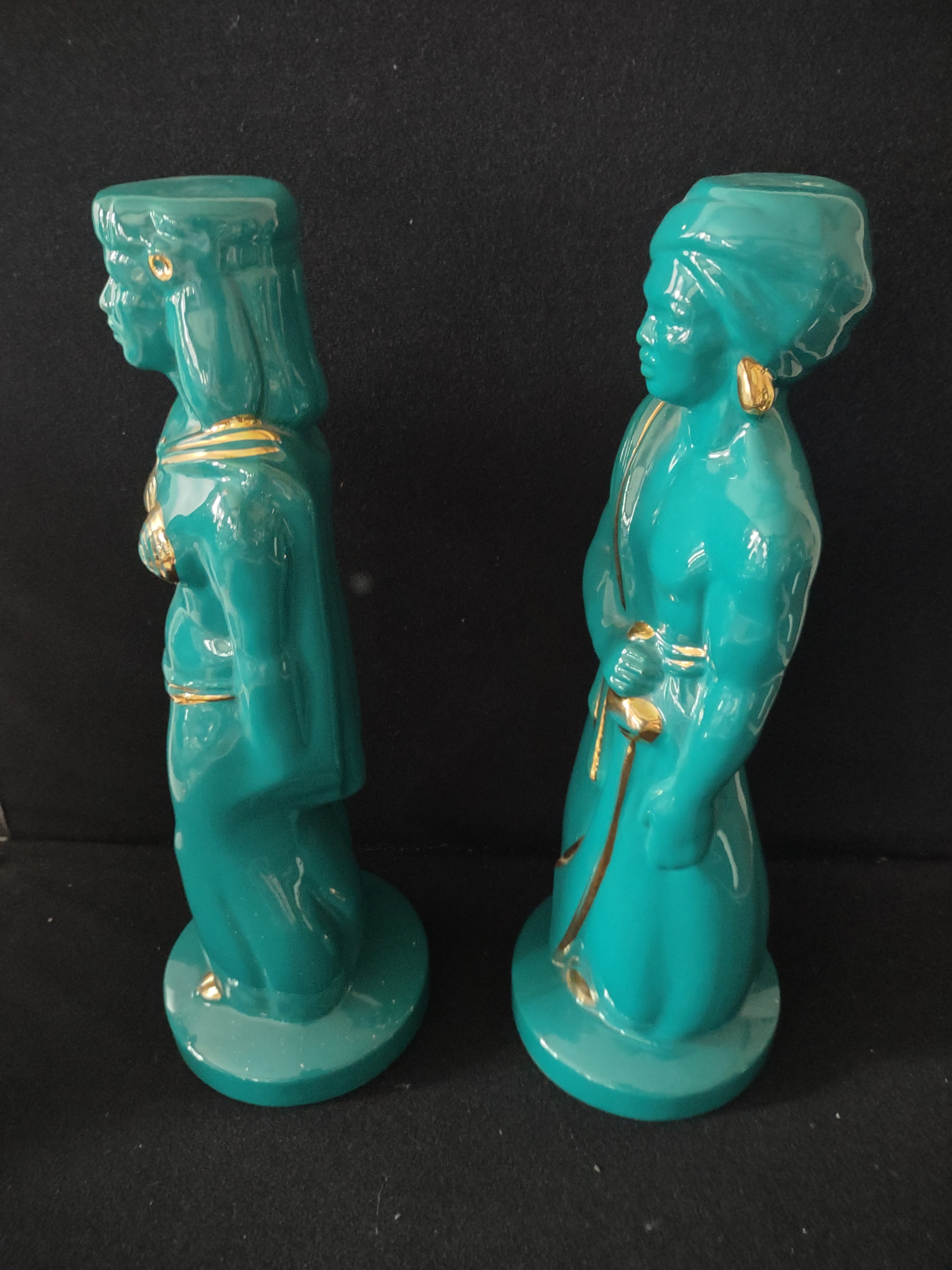 Vintage Ceramic Eastern Style Figurine Man Woman Turquoise Gold Accent (Lot 3737
