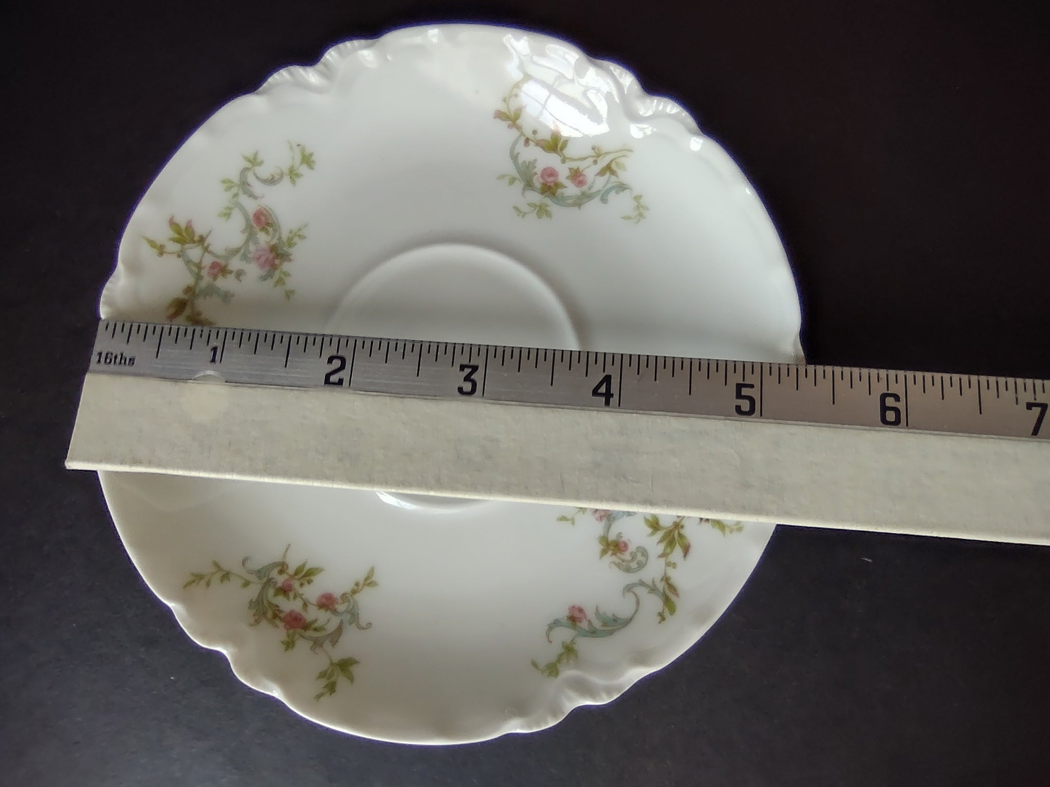 Haviland Limoges Tea Cup & Saucer White Scalloped Edge Rose Blue Ribbon (lot 858