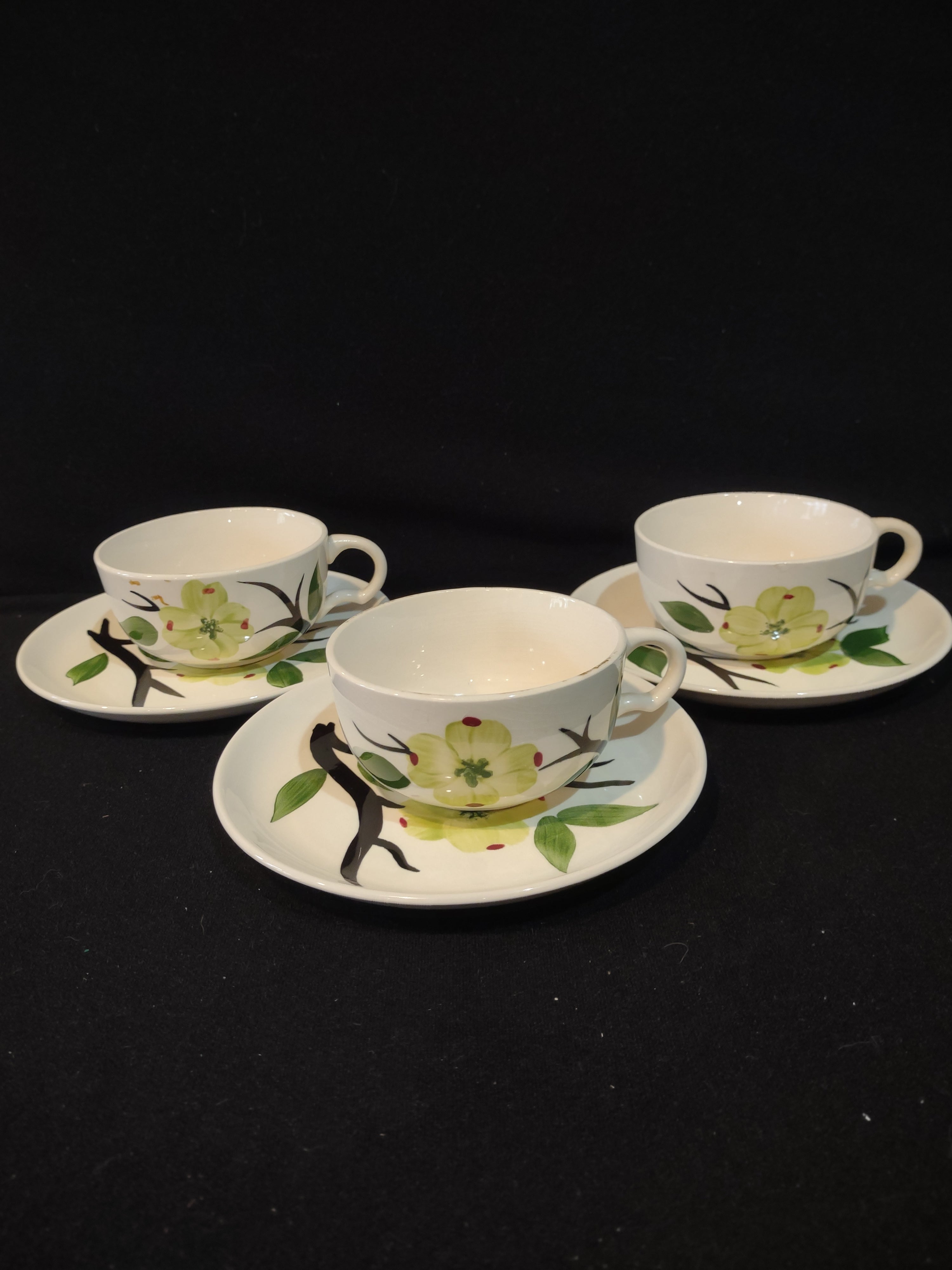 Vintage Dixie Dogwood Pattern Tea Cup Saucer Set Of 3 IMPERFECTIONS (Lot 4259)