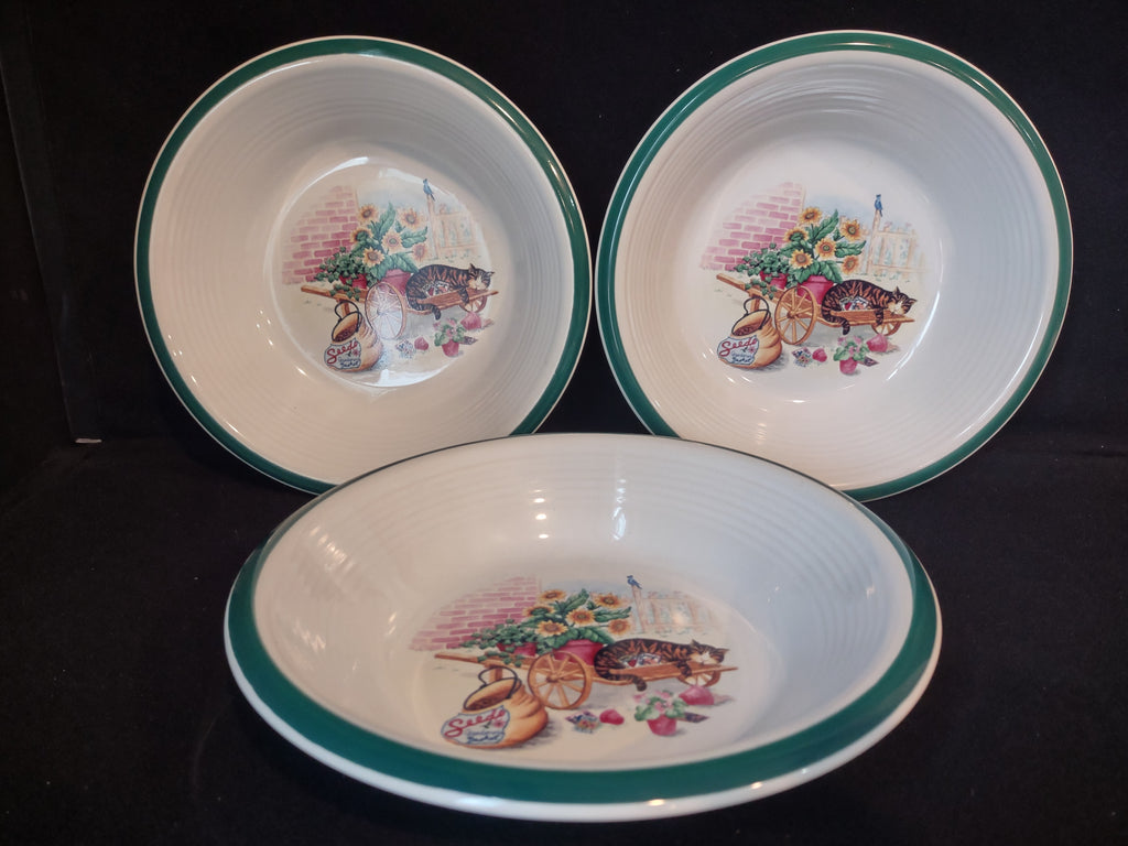 Vintage Century Stoneware CAT NAP 8" Soup Bowl x 3 Flowers Wagon (lot 2851c)
