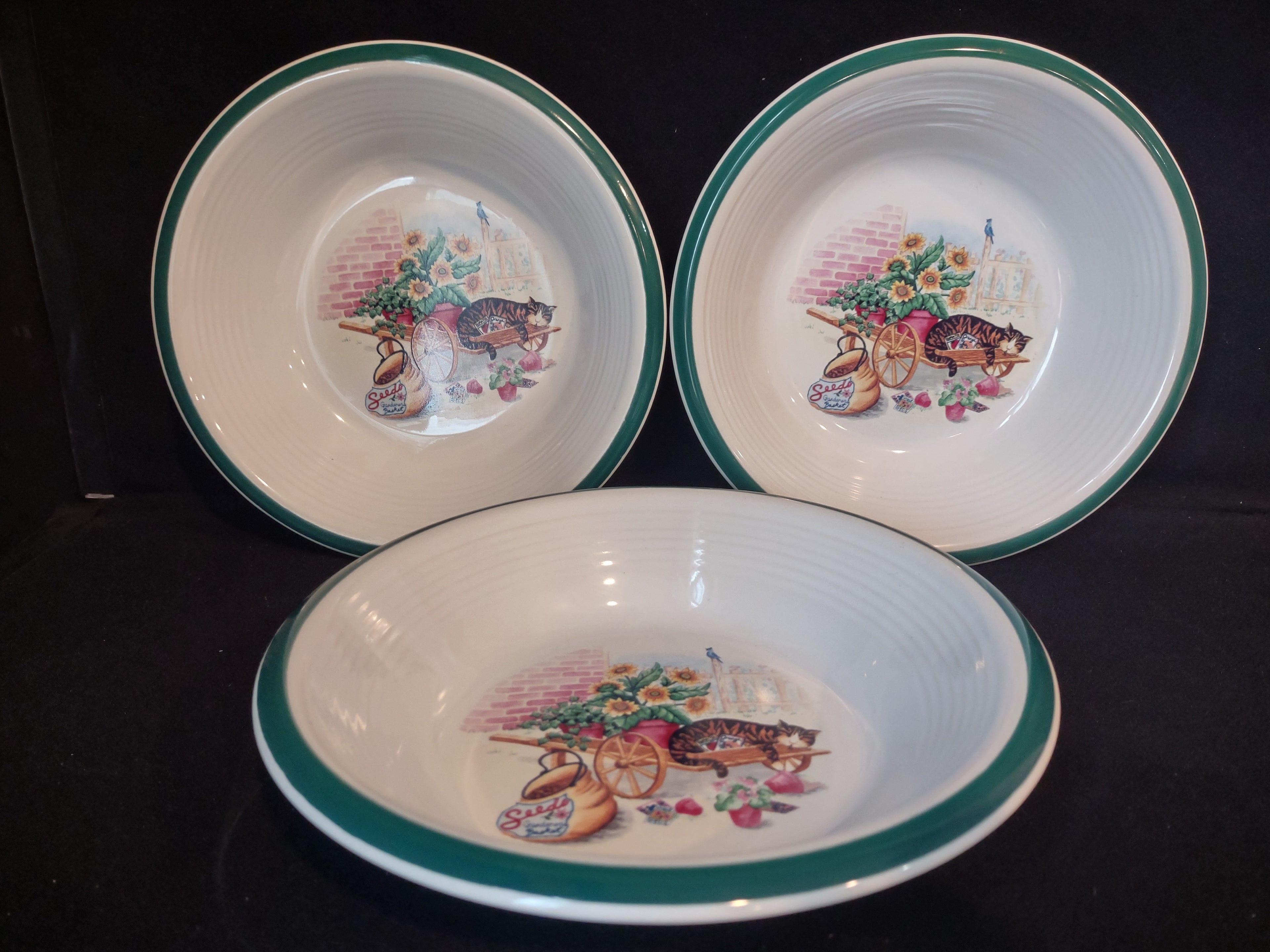 Vintage Century Stoneware CAT NAP 8" Soup Bowl x 3 Flowers Wagon (lot 2851c)