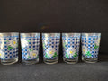 Vintage Indonesia Daisies Blue Checkered Juice Glass x 5 (lot 5171)