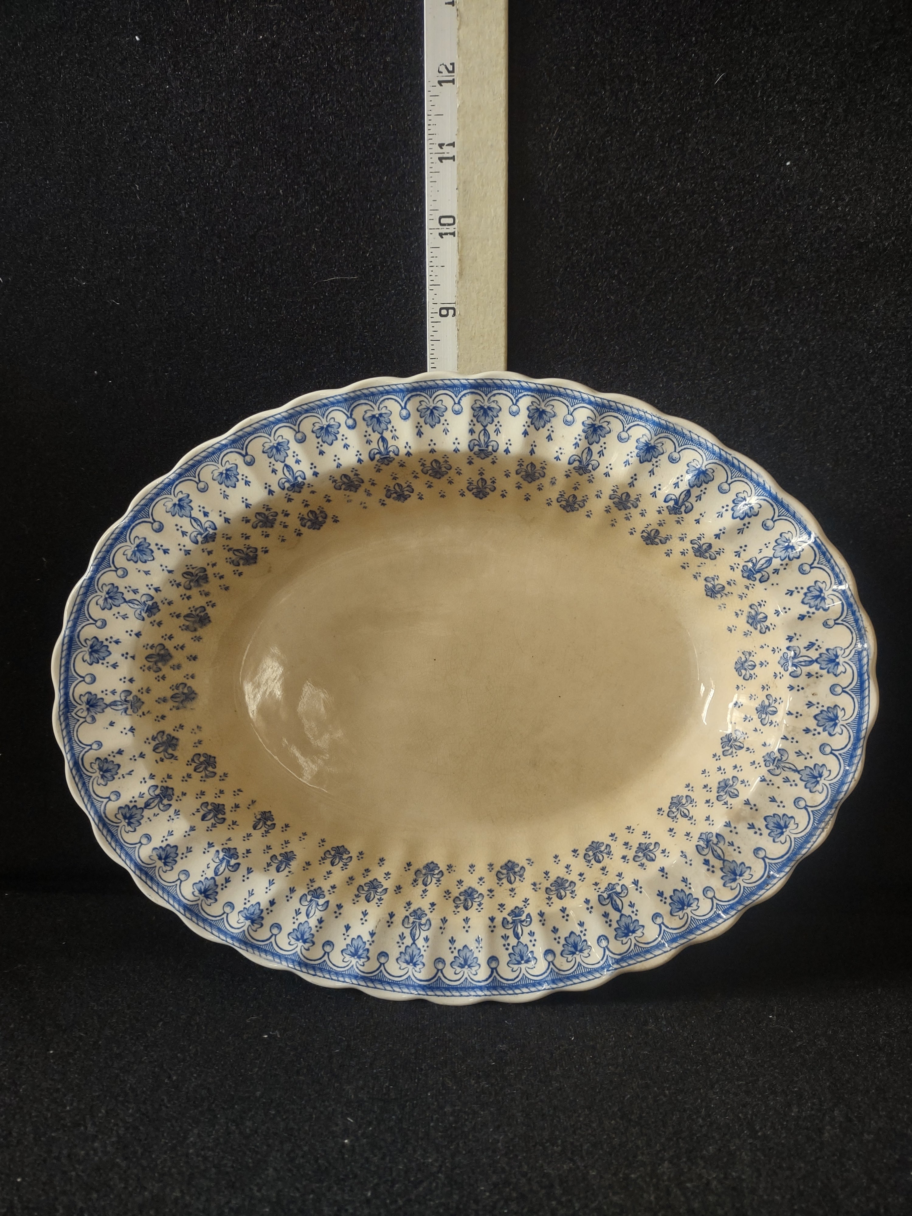 Vintage Spode Oval Serving Bowl Earthenware Blue White Fleur-De-Lis (Lot 5756)