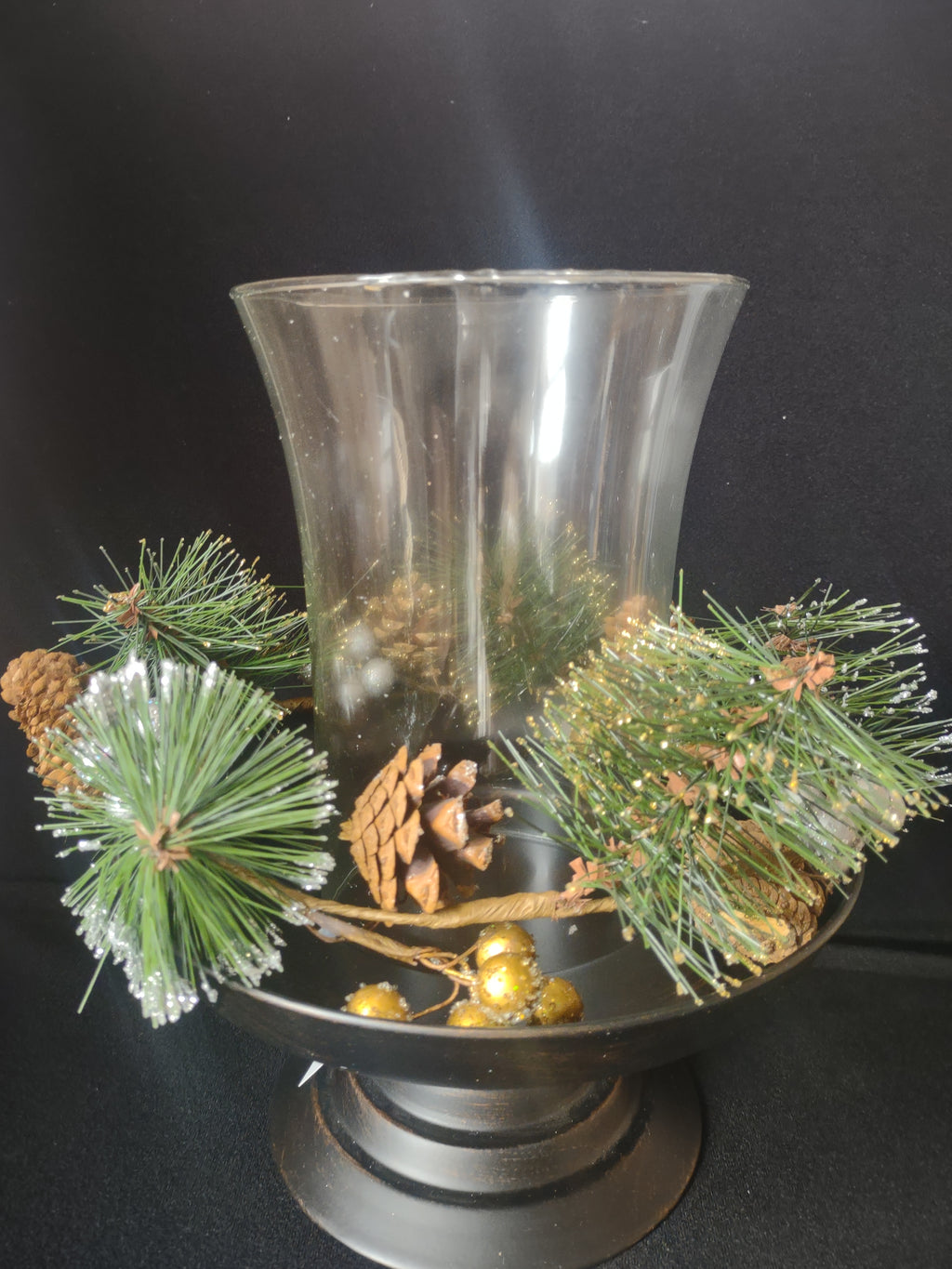 Berries & Pinecones 3 Piece Pedestal Hurricane Christmas Centerpiece (lot 2281)