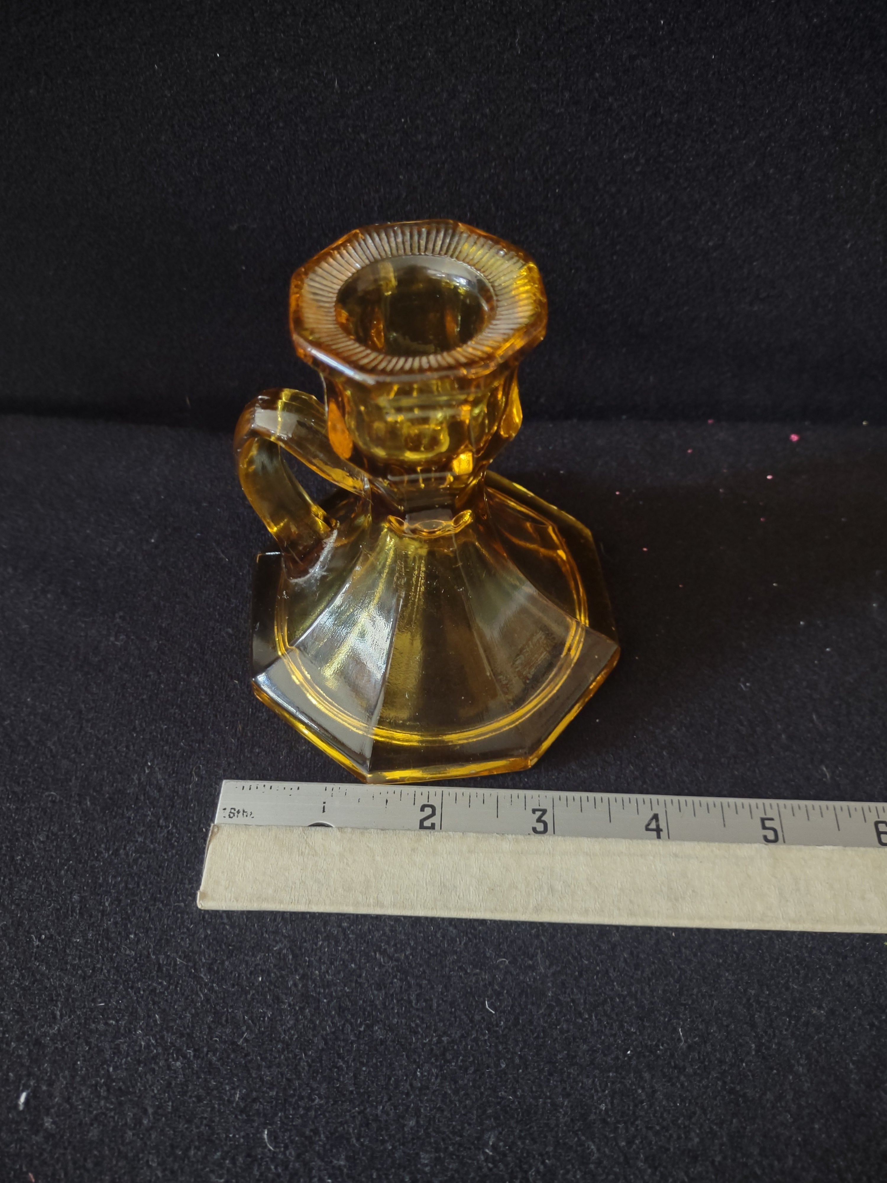 Vintage Amber Glass Taper Candlestick Holders Finger Loops X 2 (Lot 4199)
