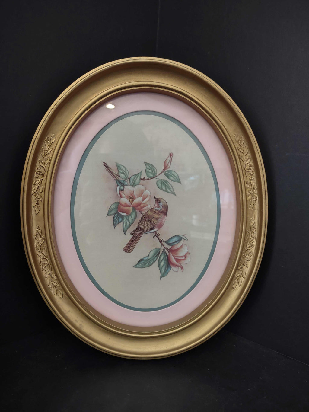 Vintage Homco Home Interiors Oval Bird Flowers Print Picture (lot 2582c)