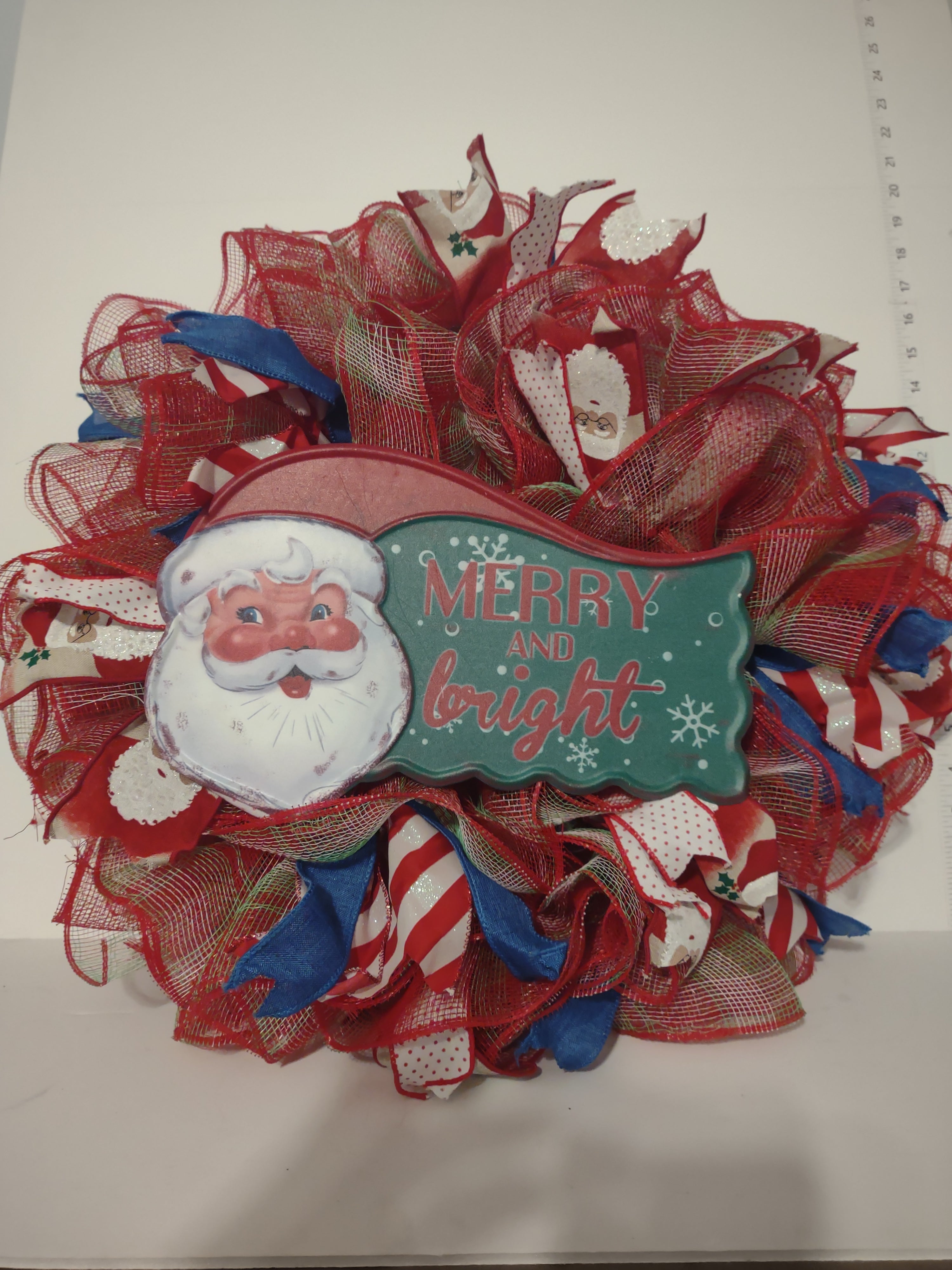 Handmade Christmas Wreath Sparkly Red White Blue Ribbon 22" Santa Merry lot 1294
