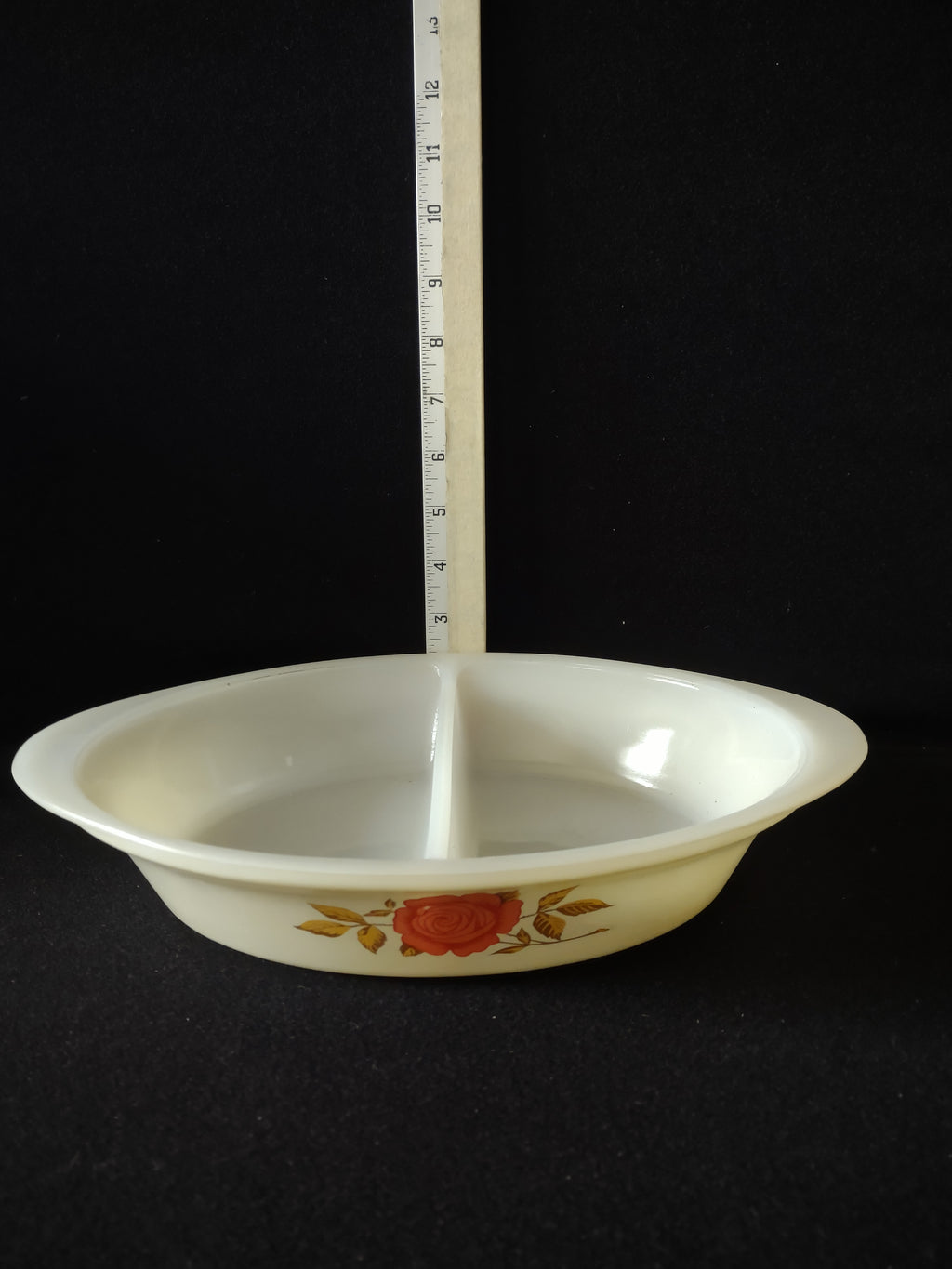 Vintage Glasbake Milk Glass Divided Casserole Dish Red Rose (Lot5292)