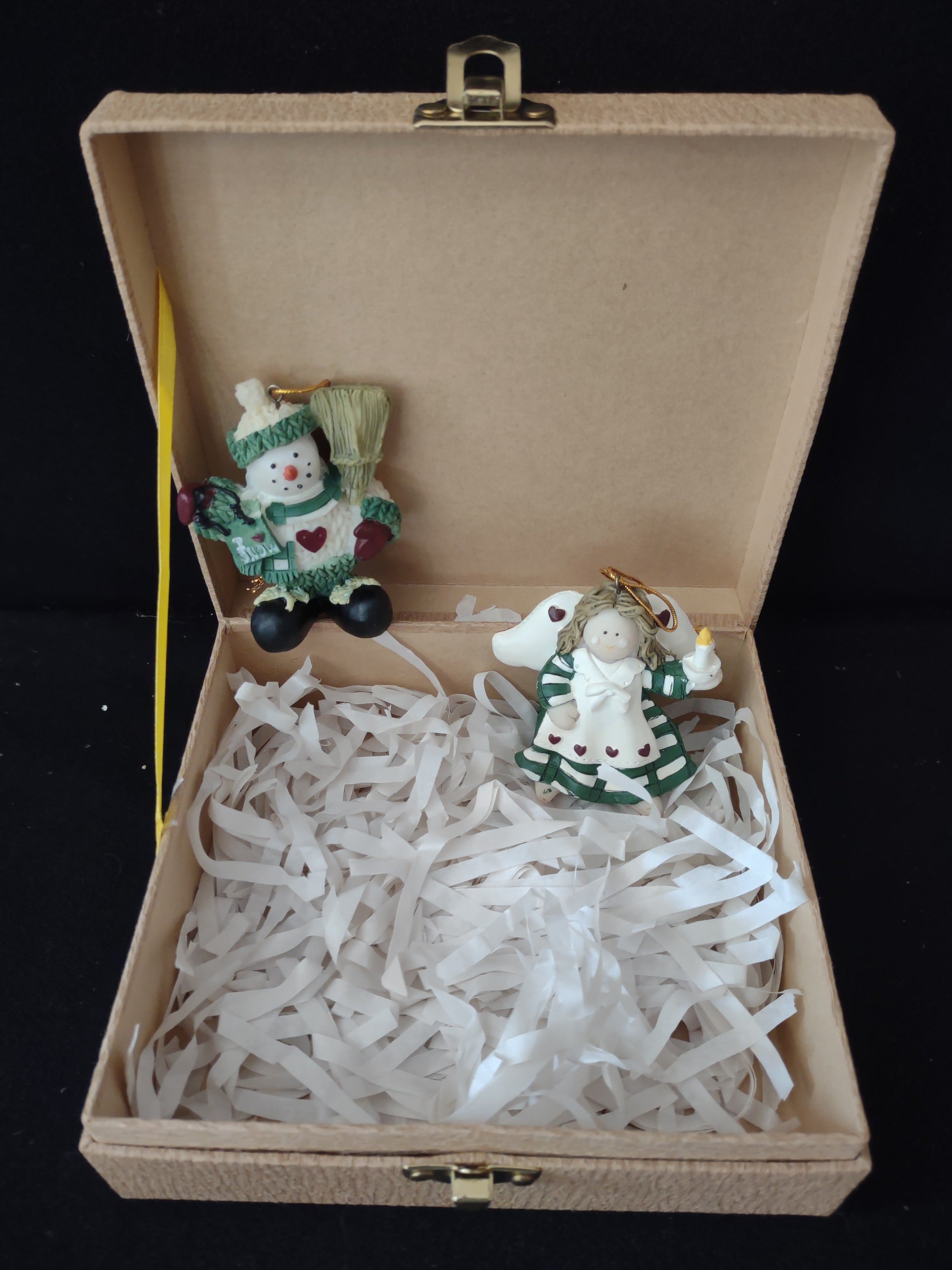 Vintage Felt Santa Snowmen Box 2 Snowmen 2 Angels 1 Santa Ornaments (Lot3707