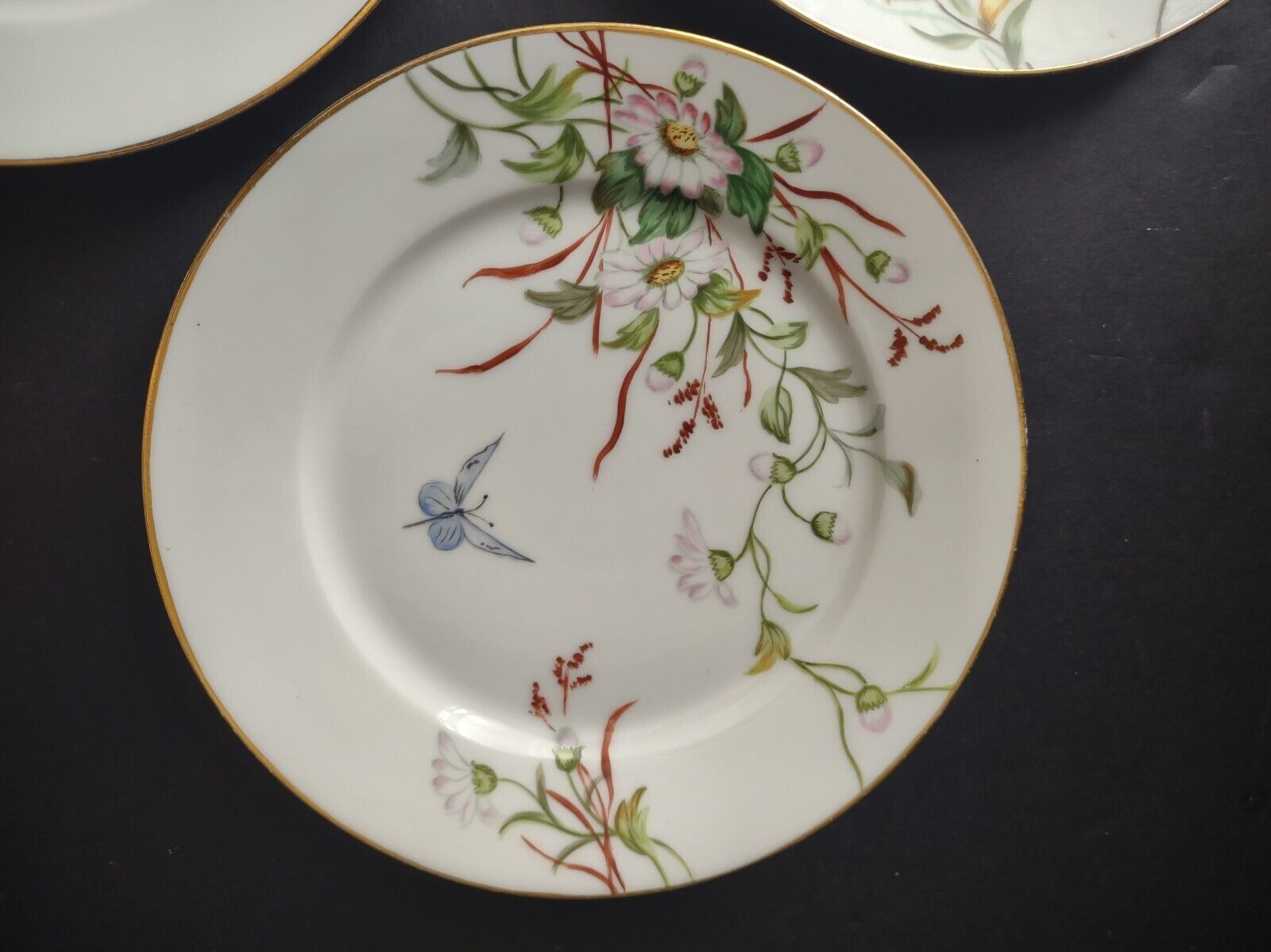 Haviland Limoges France 3 x Dessert 7-3/4" Gold Trim Flower Butterfly (lot 624)