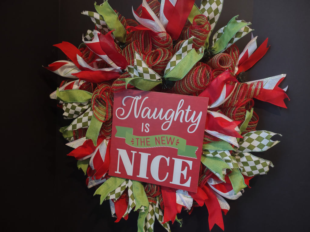 Christmas Naughty is New Nice Mesh Ribbon Wreath Handmade 22" (lot 1398)