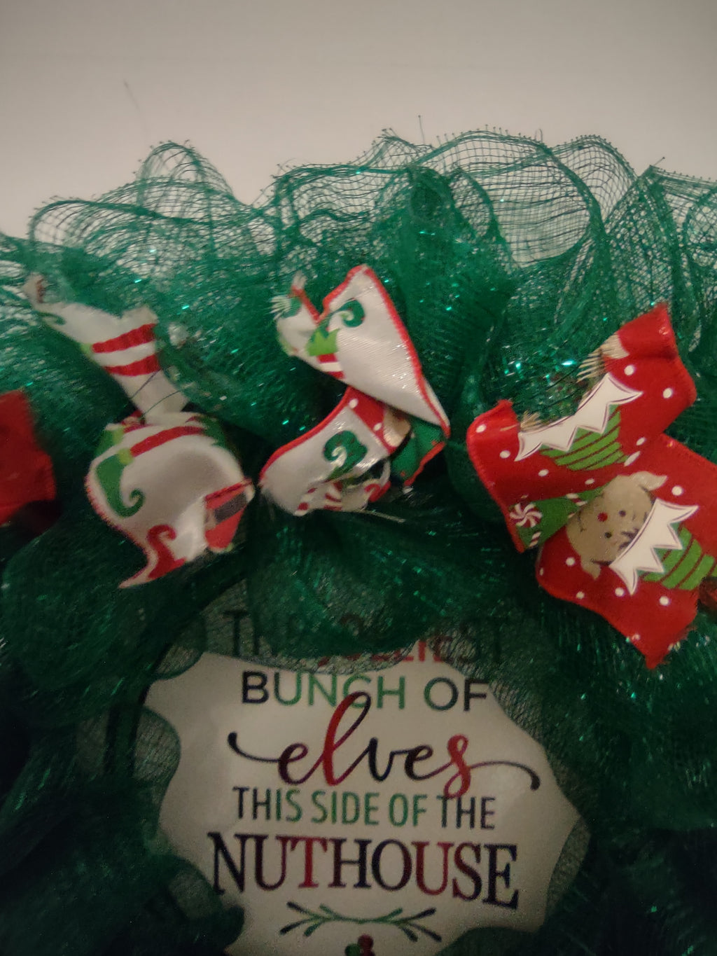 Handmade Christmas Wreath Green Red Ribbon Elf Elves Nuthouse 20" (lot 1293)