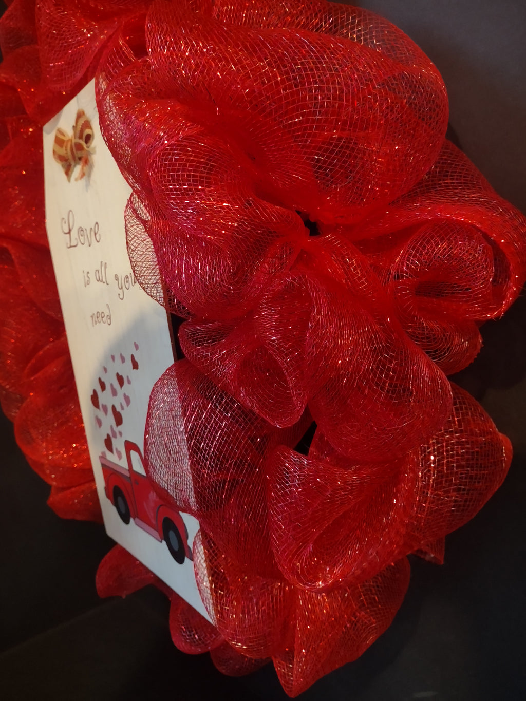 Valentines Day Red Truck Mesh Ribbon Wreath 22" (lot 1386)