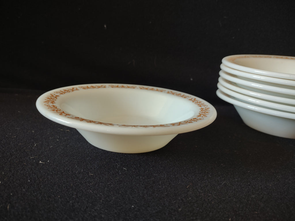 Vintage Pyrex Milk Glass USA Copper Filigree Cereal Bowl x 7 (lot 5210)