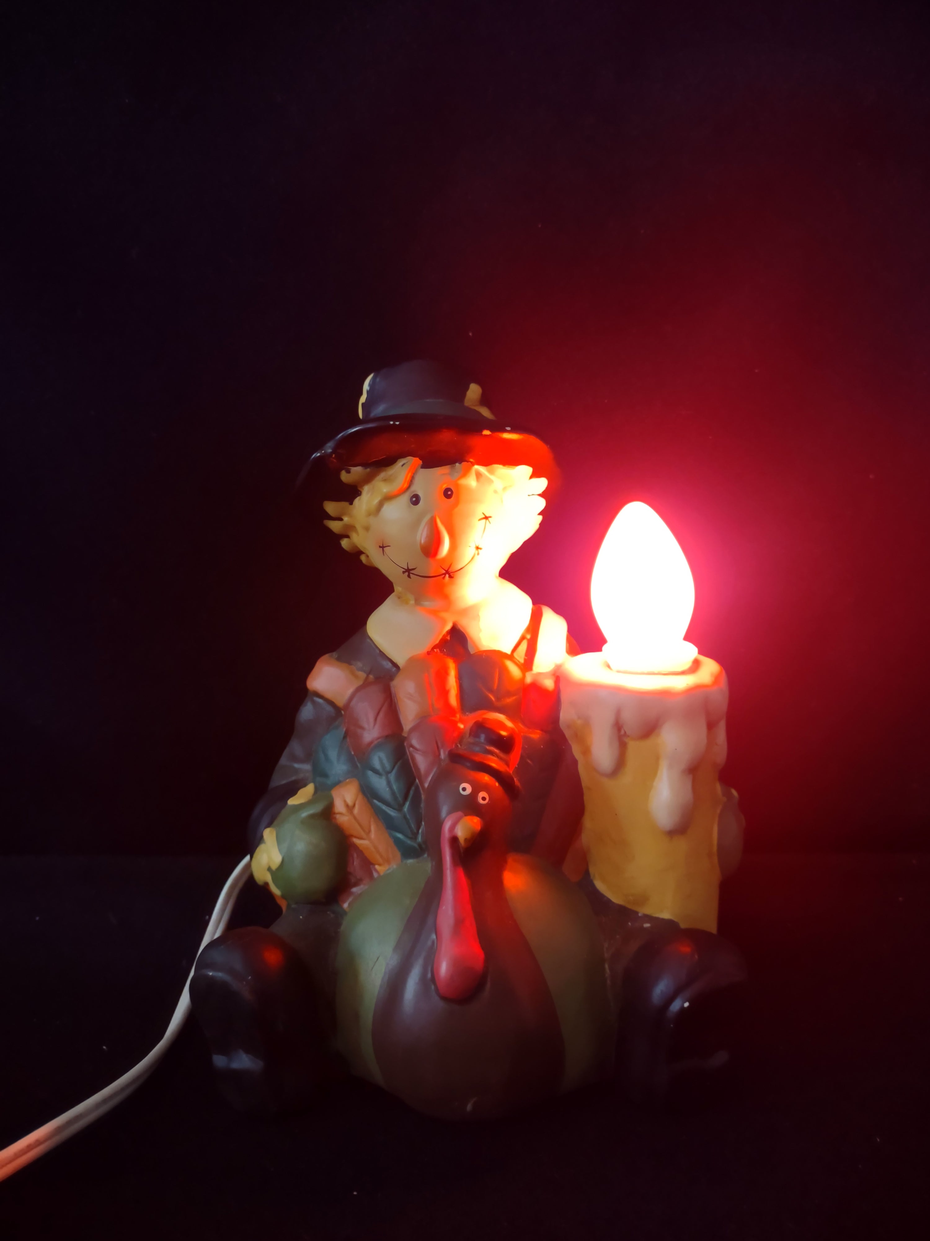 Thanksgiving Lighted Ceramic 6" Seated Scarecrow With Turkey (Lot 3147)