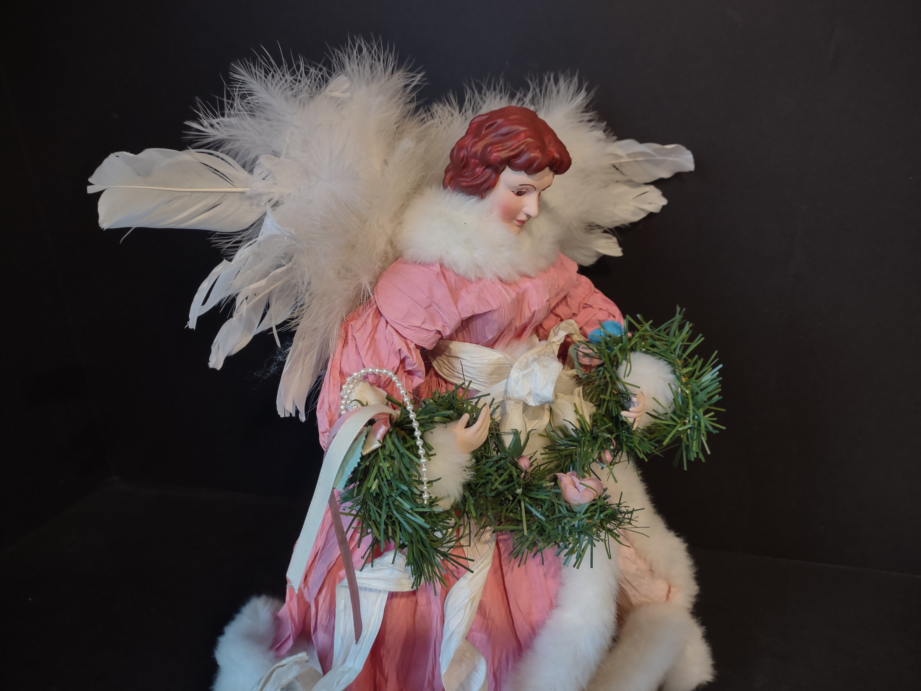 Christmas Angel Tree Topper Pink White 16" Feather Wings (lot 2455)