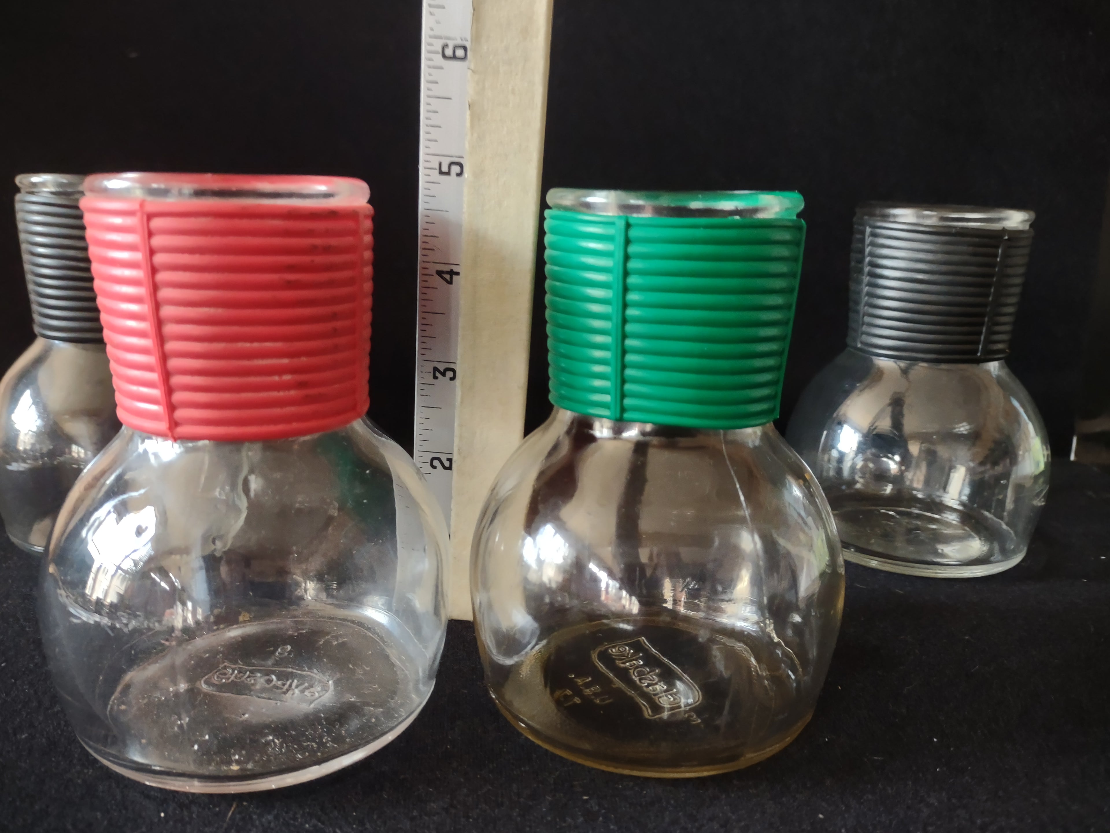 Vintage Hottle Carafe Milk Glass x 4 NO Lid Glasbake Red Green Black (lot 5253)