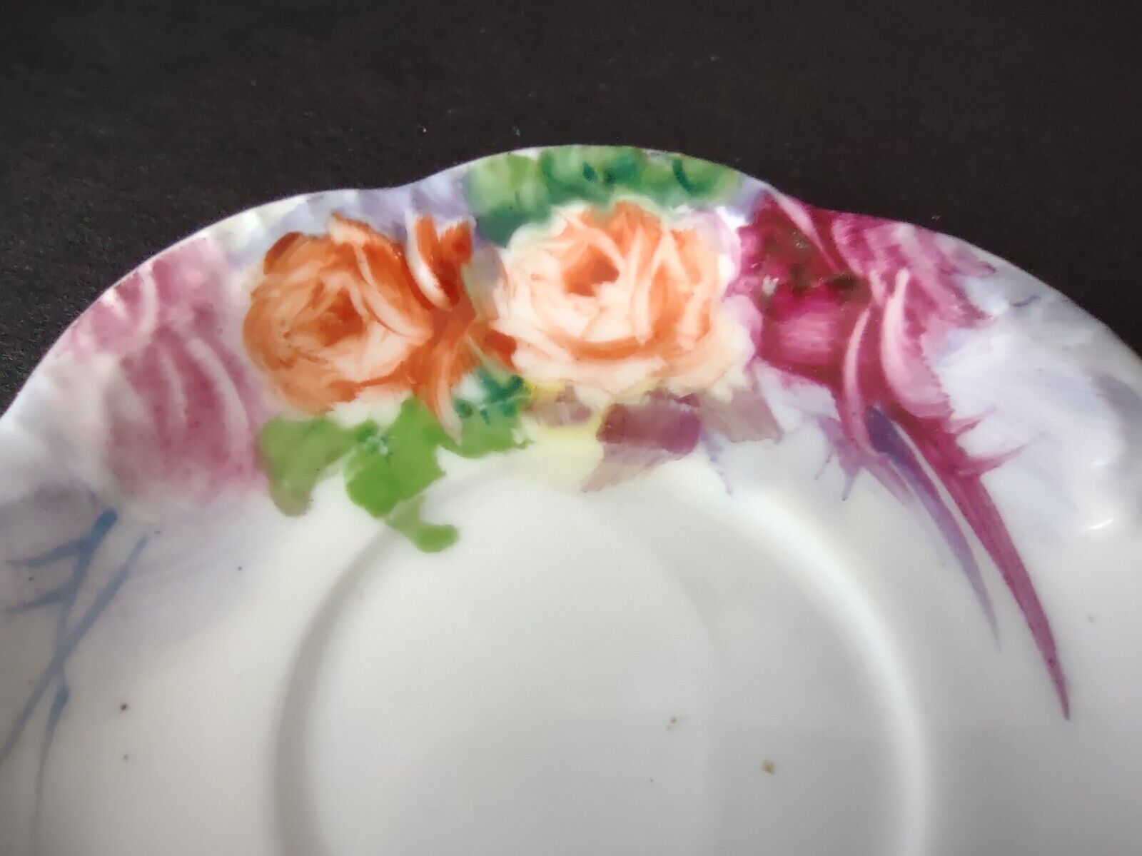 Japan Miniature 1-3/8" Teacup & Saucer Pink Orange Purple Rose (lot 726)