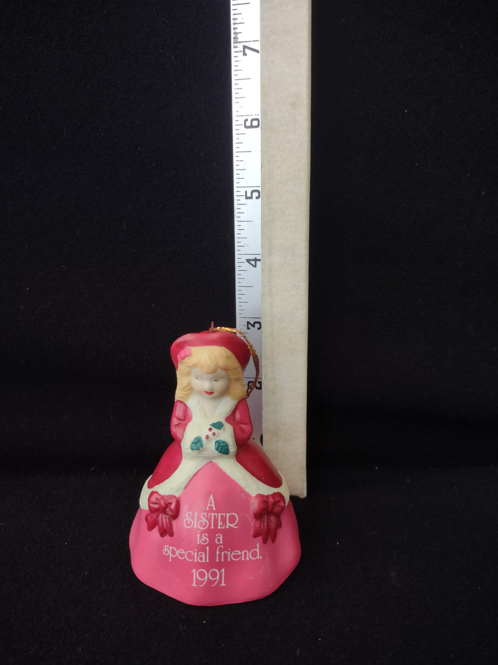 Vintage 1991 Special Sister Christmas Bell Ornament Red Coat Bows Holly (Lot4171